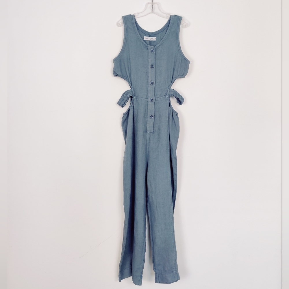 ZARA Girls' Blue Sleeveless Linen Jumpsuit - Size 11-12 (152 cm) Cutout Summer